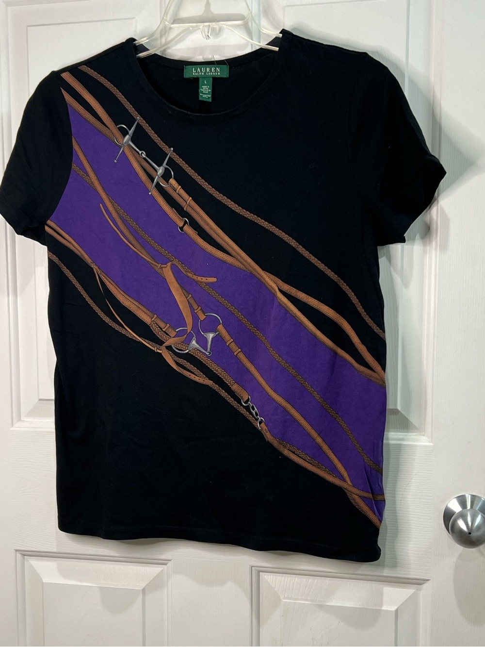 Lauren Ralph Lauren Equine Bit black tee shirt cotton horse stable riding L